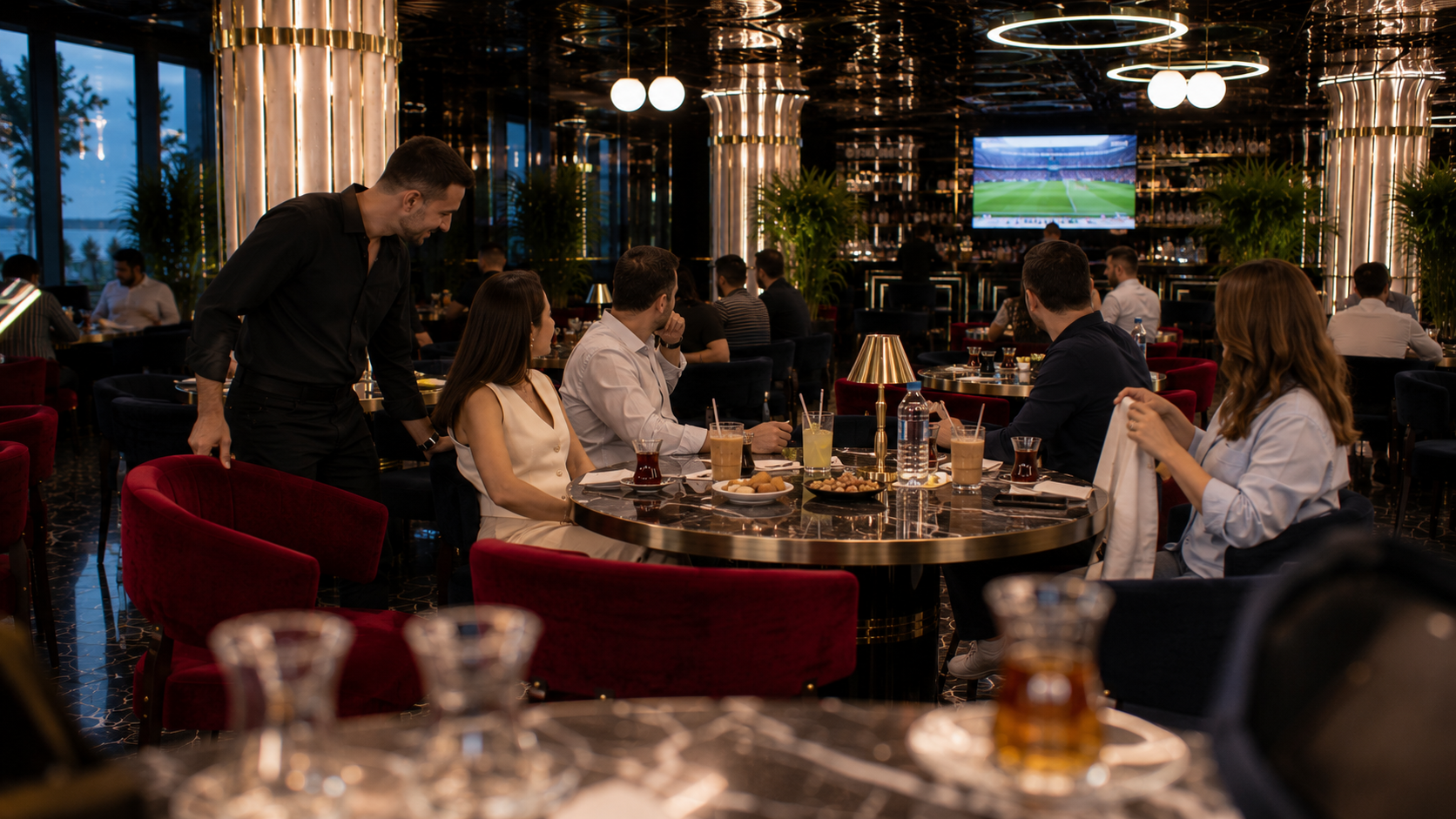 Maltepe'de modern lounge ortamında maç başlamadan önce masalarına yerleşen arkadaş grubunun doğal futbol akşamı atmosferi.
