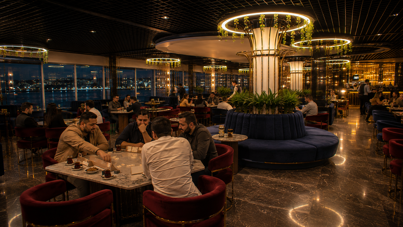 Velora Lounge’un geniş iç mekânında arkadaş grubunun 101 oynadığı, diğer misafirlerin yemek yediği ve sohbet ettiği modern Anadolu Yakası lounge atmosferi.