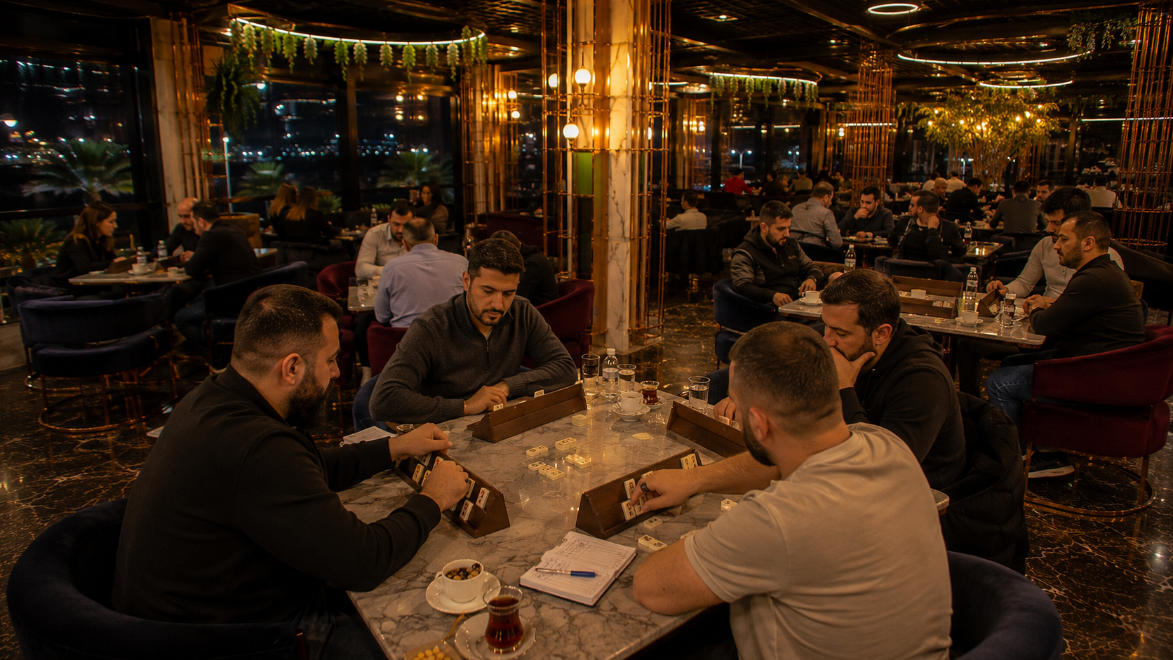 Velora Lounge'da farklı masalarda 101 oynayan arkadaş grupları, doğal restoran atmosferinde sosyal turnuva ortamı.