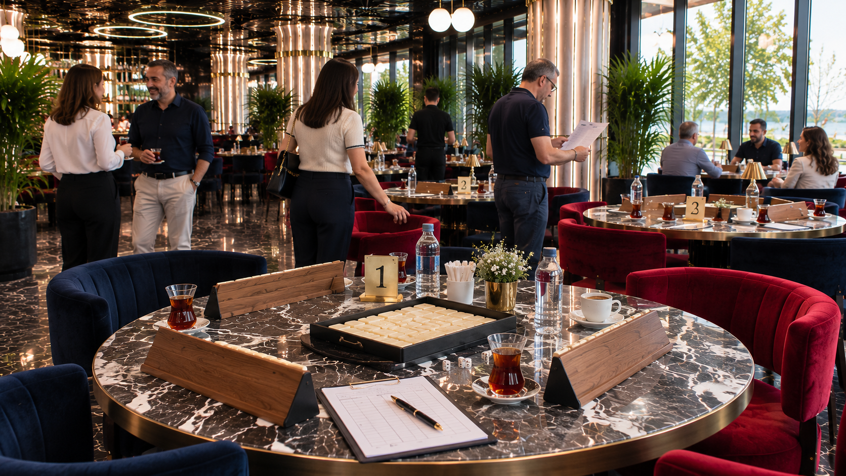 Anadolu Yakası'nda düzenlenecek okey turnuvası öncesinde hazırlanmış oyun masaları ve organizasyon atmosferinin modern lounge ortamındaki görünümü.
