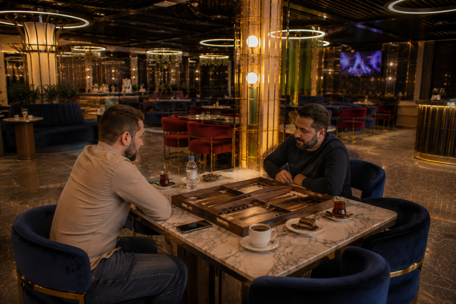 Velora Lounge içerisinde doğal ortamda tavla oynayan iki arkadaş, doğru konumlandırılmış tavla tahtası, mermer masa ve sıcak lounge atmosferini gösteren gerçekçi iç mekân görüntüsü.