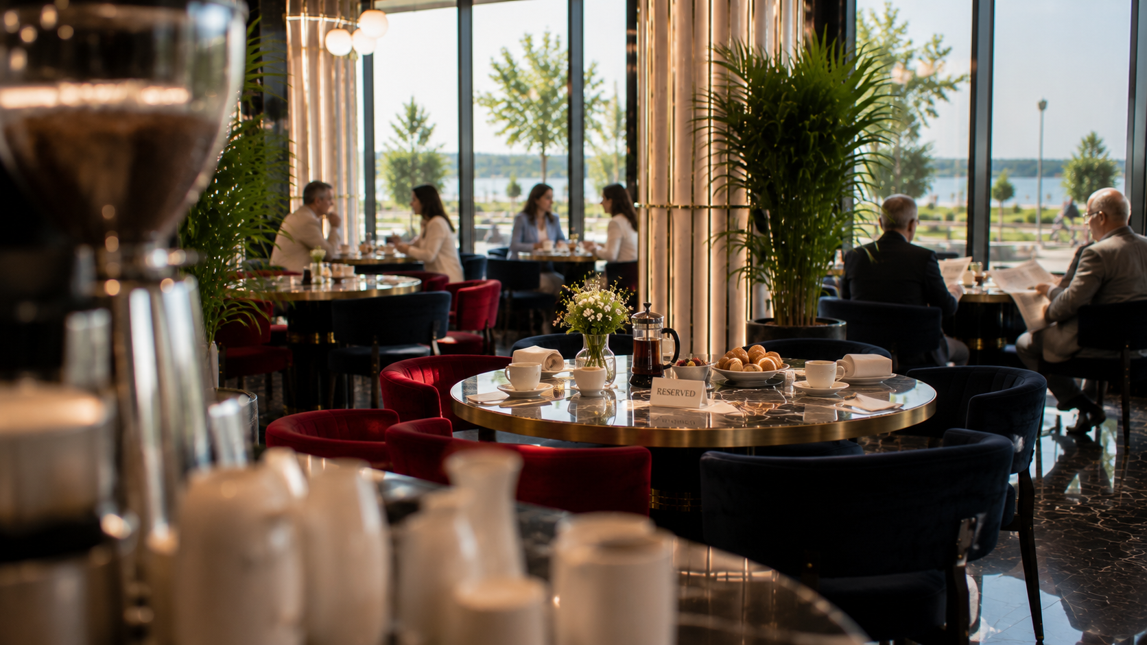 Küçükyalı'nda hafta sonu sabahı modern lounge ortamında sakin kahvaltı atmosferi ve pencere kenarında hazırlanmış şık masa.