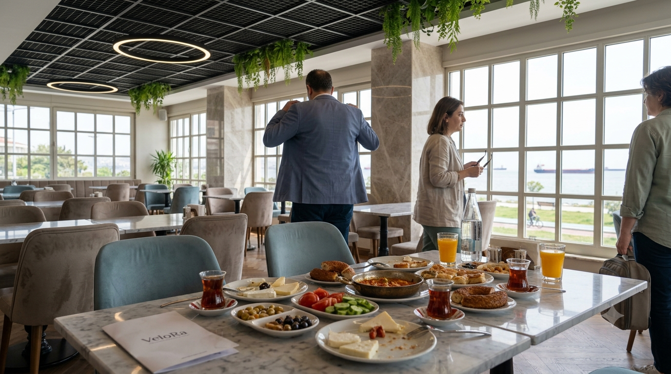 Küçükyalı sahil yürüyüşü öncesinde kahvaltısını tamamlayıp hazırlanan üç arkadaşın modern restoran ortamındaki doğal hafta sonu sabahı.