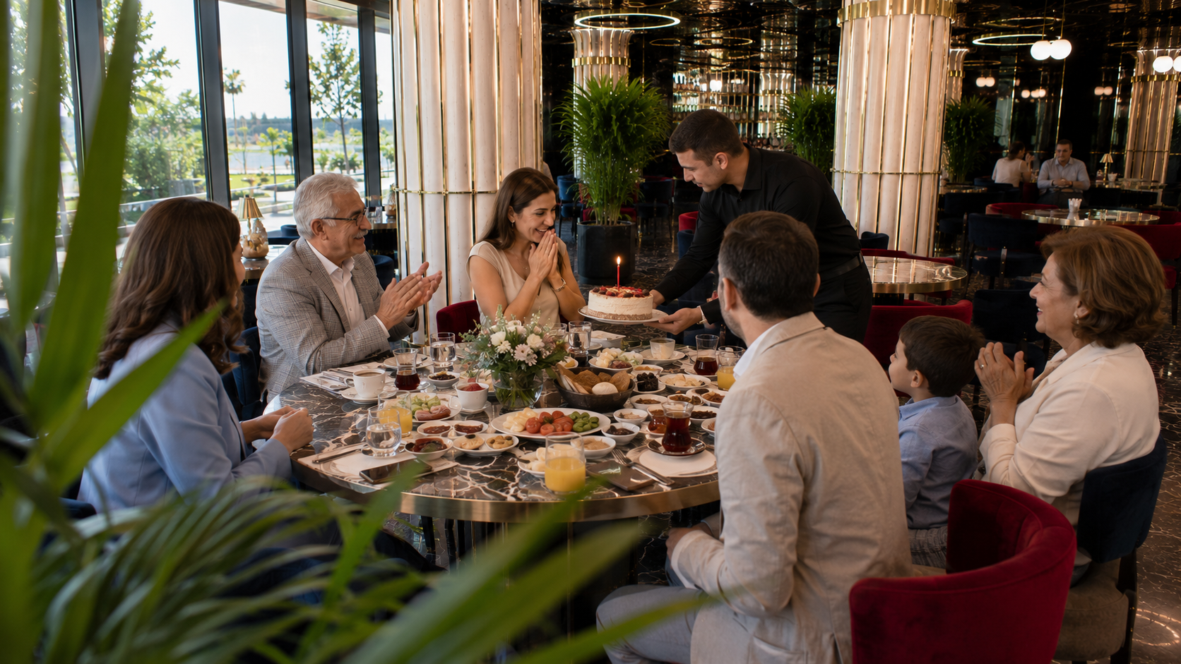Küçükyalı'nda modern restoranda özel gün kahvaltısı sırasında küçük kutlama pastasıyla sürpriz yapılan aile buluşmasının doğal sabah atmosferi.