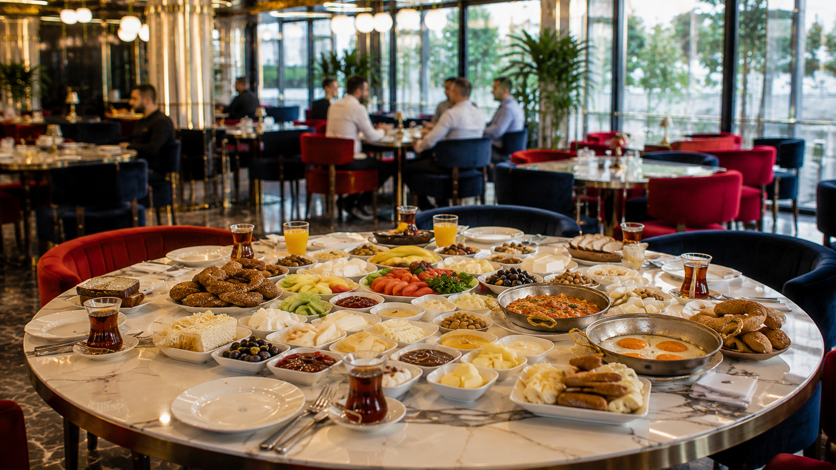 Küçükyalı'nda modern restoranda hazırlanan zengin serpme kahvaltı masasının ön planda olduğu aydınlık sabah atmosferi.