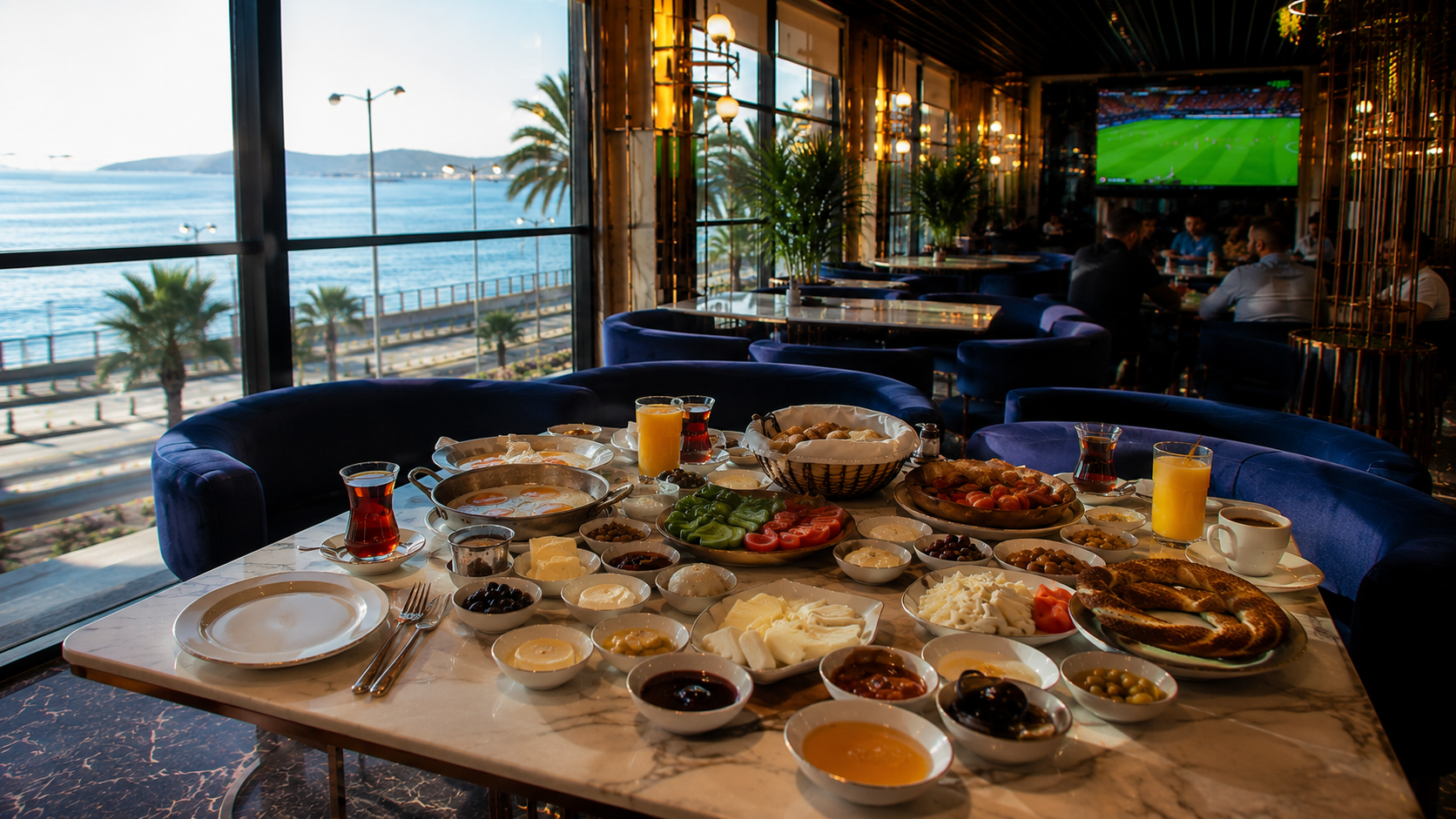 Velora Lounge'da Küçükyalı serpme kahvaltısı için hazırlanan zengin paylaşım masası, doğal sabah ışığında gerçek misafirlerin bulunduğu sıcak restoran atmosferi.