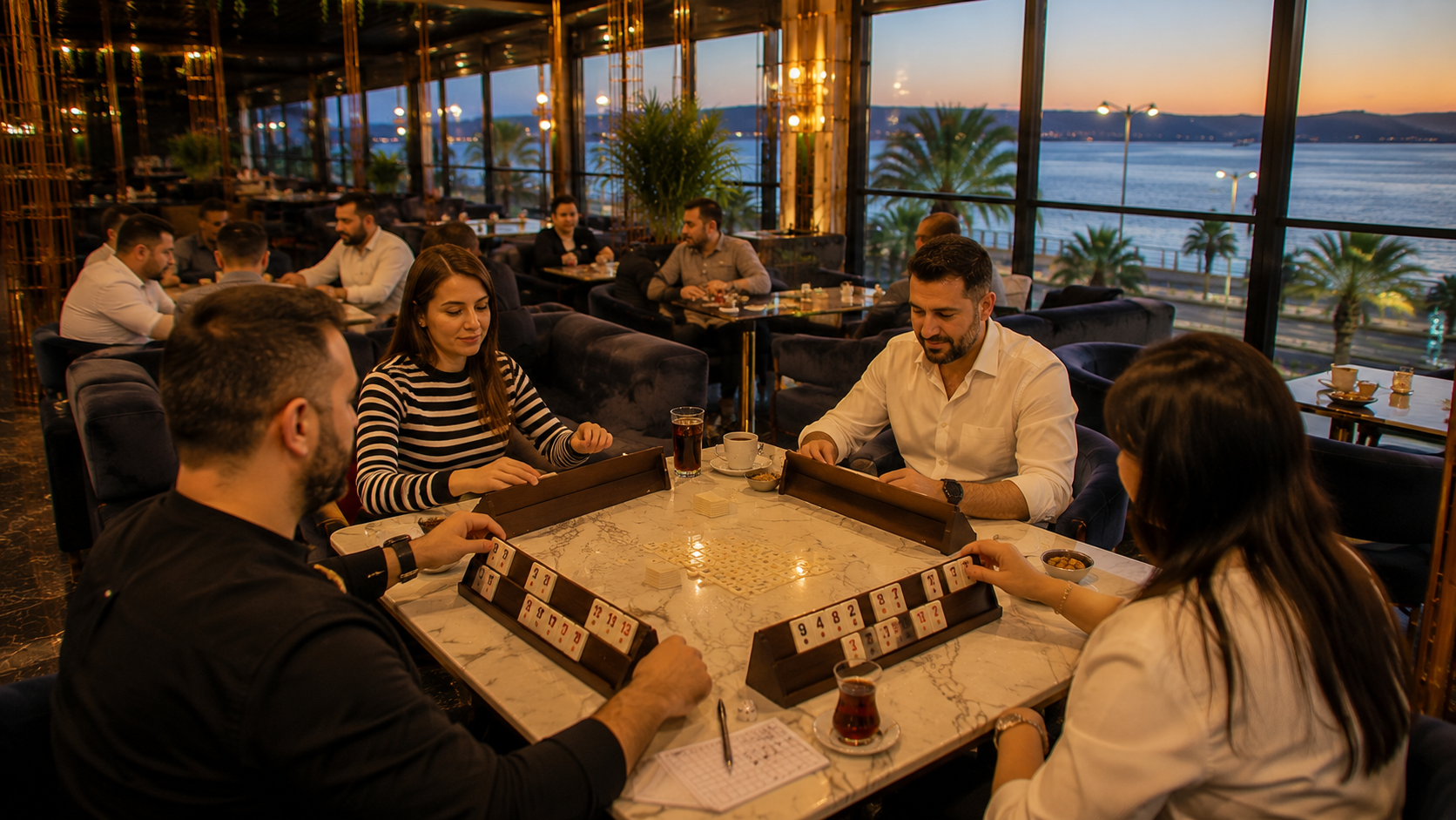 Velora Lounge'da farklı bir oturma bölümünde doğal şekilde 101 okey oynayan misafirler, geniş oyun masası, çay ve atıştırmalıklarla gerçek restoran atmosferi.