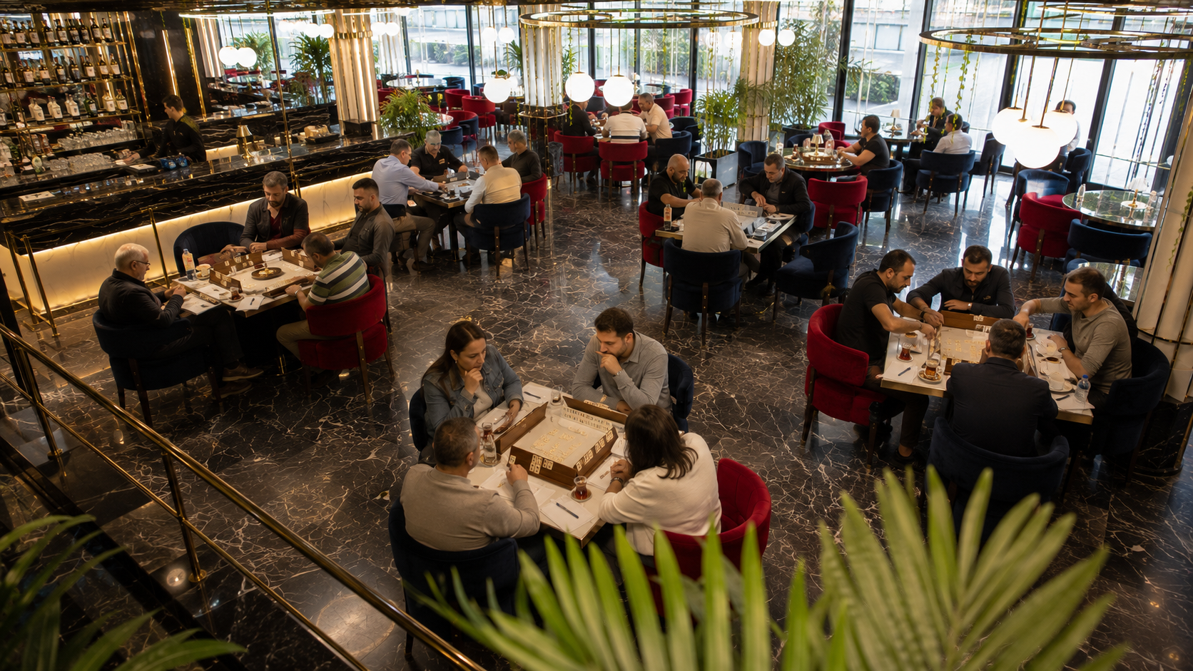 Maltepe'de modern restoranda birden fazla masada düzenlenen 101 Okey turnuvasının geniş açıdan görüldüğü sosyal etkinlik atmosferi.