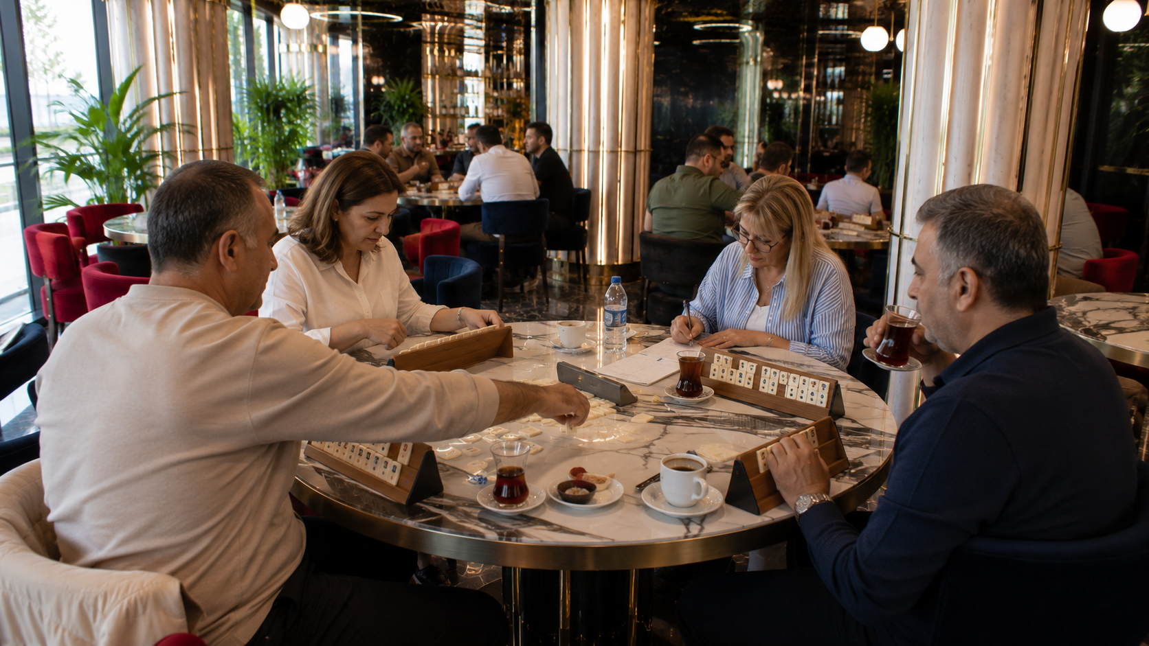 Maltepe'de modern lounge ortamında 101 Okey oynayan dört arkadaşın doğal öğleden sonra atmosferi ve oyun masasının detaylı görünümü.