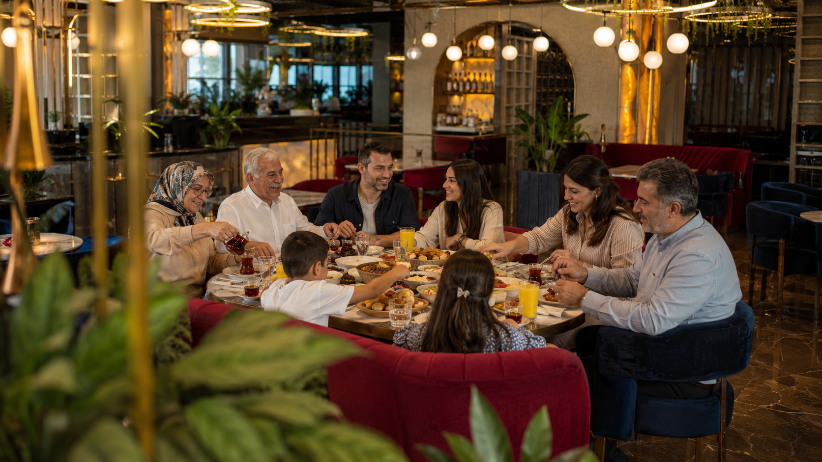 Maltepe'de modern restoranda üç kuşağın bir araya geldiği zengin kahvaltı masasında hafta sonu aile buluşması.