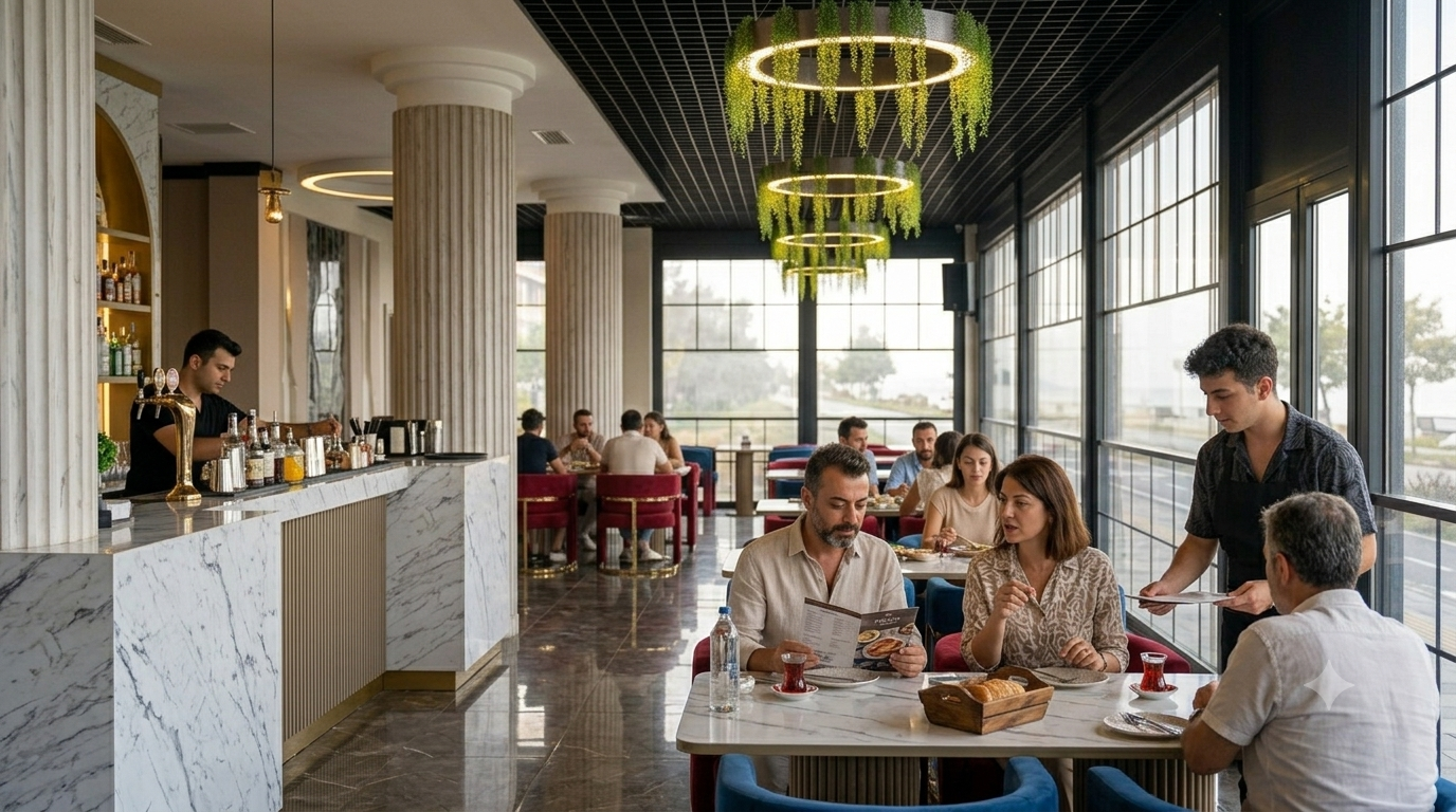 Maltepe'de deniz manzaralı modern restoranda arkadaş grubunun kahvaltı öncesi menü inceleyerek kahvaltı planı yaptığı an.