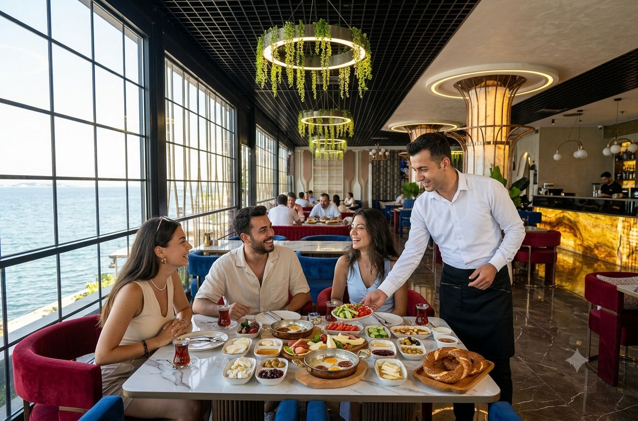 Velora Lounge Maltepe'de deniz manzarası eşliğinde geleneksel Türk kahvaltısı yapan misafirler ve servis yapan garson.