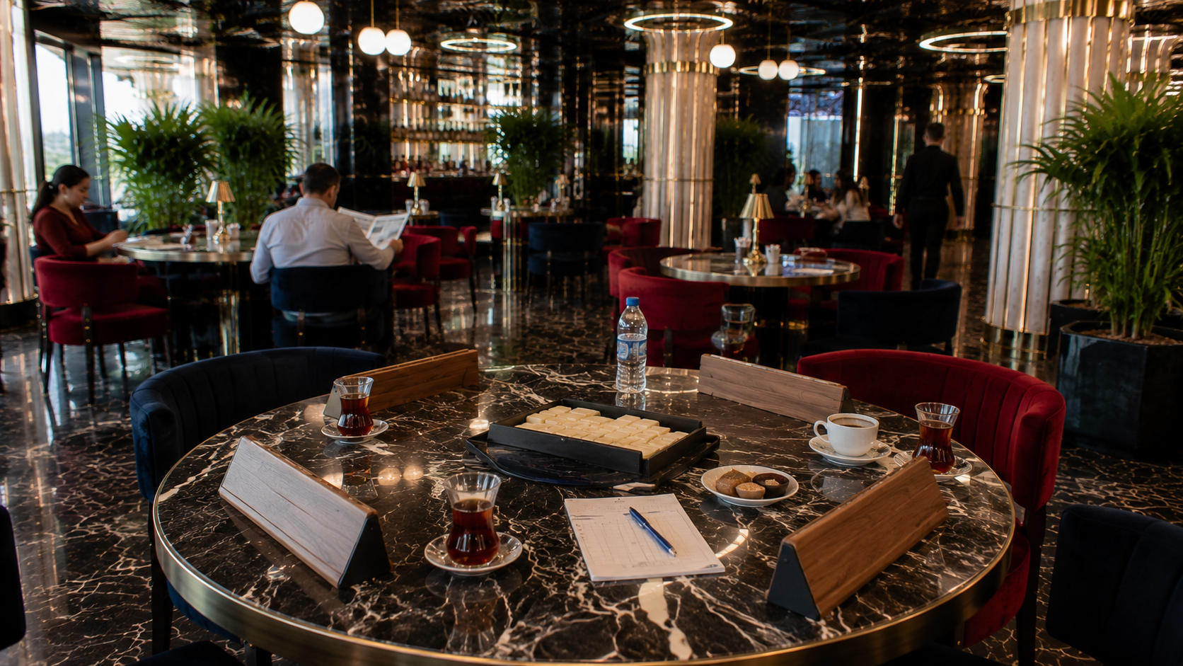 Maltepe'de modern lounge ortamında okey oyunu için hazırlanmış mermer masa, çay servisi ve düzenli oyun ekipmanlarının bulunduğu gündüz atmosferi.