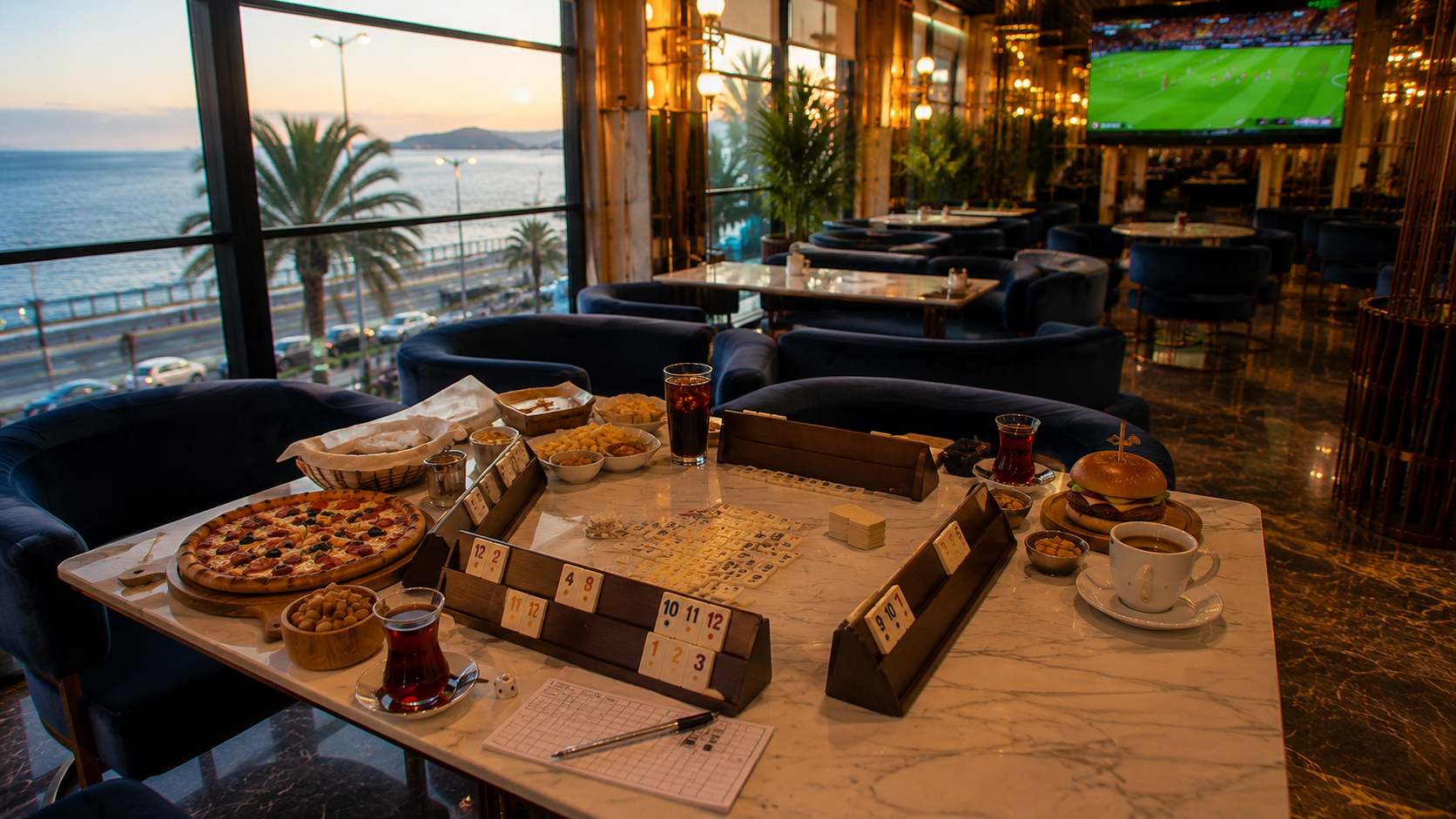 Velora Lounge'da Maltepe sahiline yakın geniş masada hazırlanan 101 okey oyunu, çay, kahve ve atıştırmalıklarla doğal sosyal buluşma ortamı.