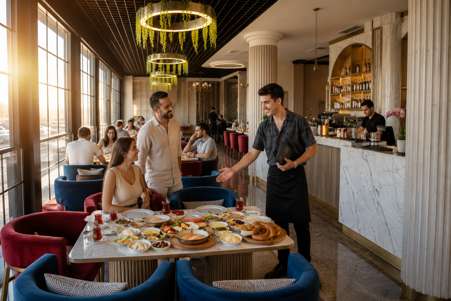 Maltepe sahil kahvaltı mekânları için modern restoran ortamında zengin serpme kahvaltı sunumu ve misafir karşılama.