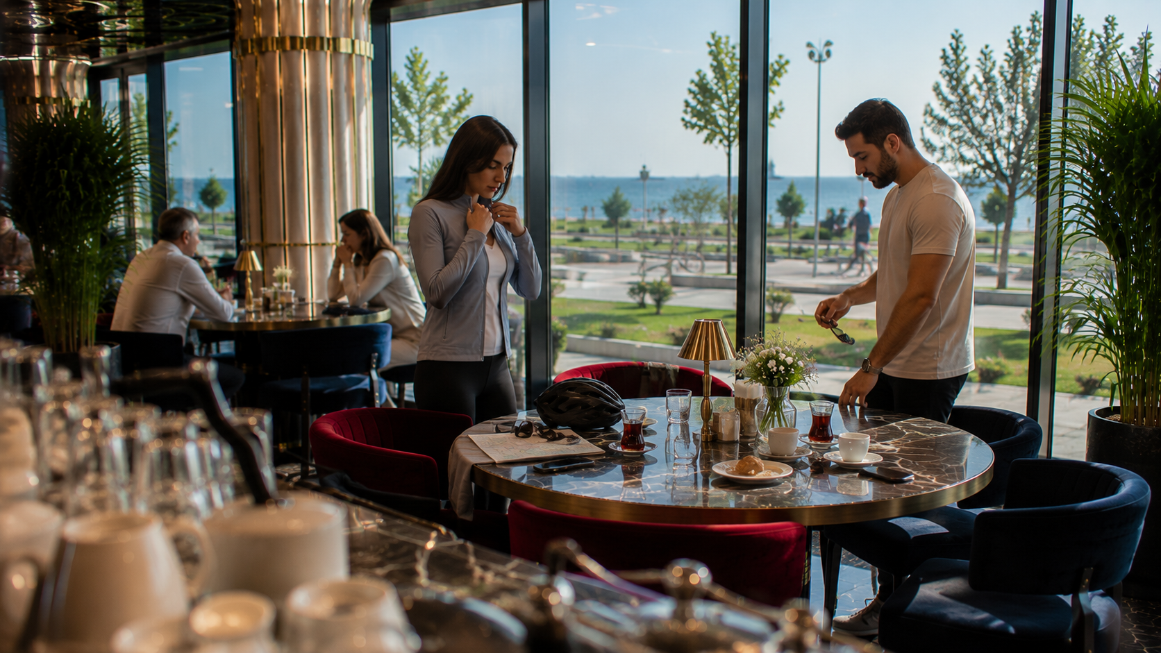 Maltepe sahiline yakın modern restoranda kahvaltı sonrası sahil yürüyüşüne hazırlanan çiftin doğal hafta sonu sabahı atmosferi.