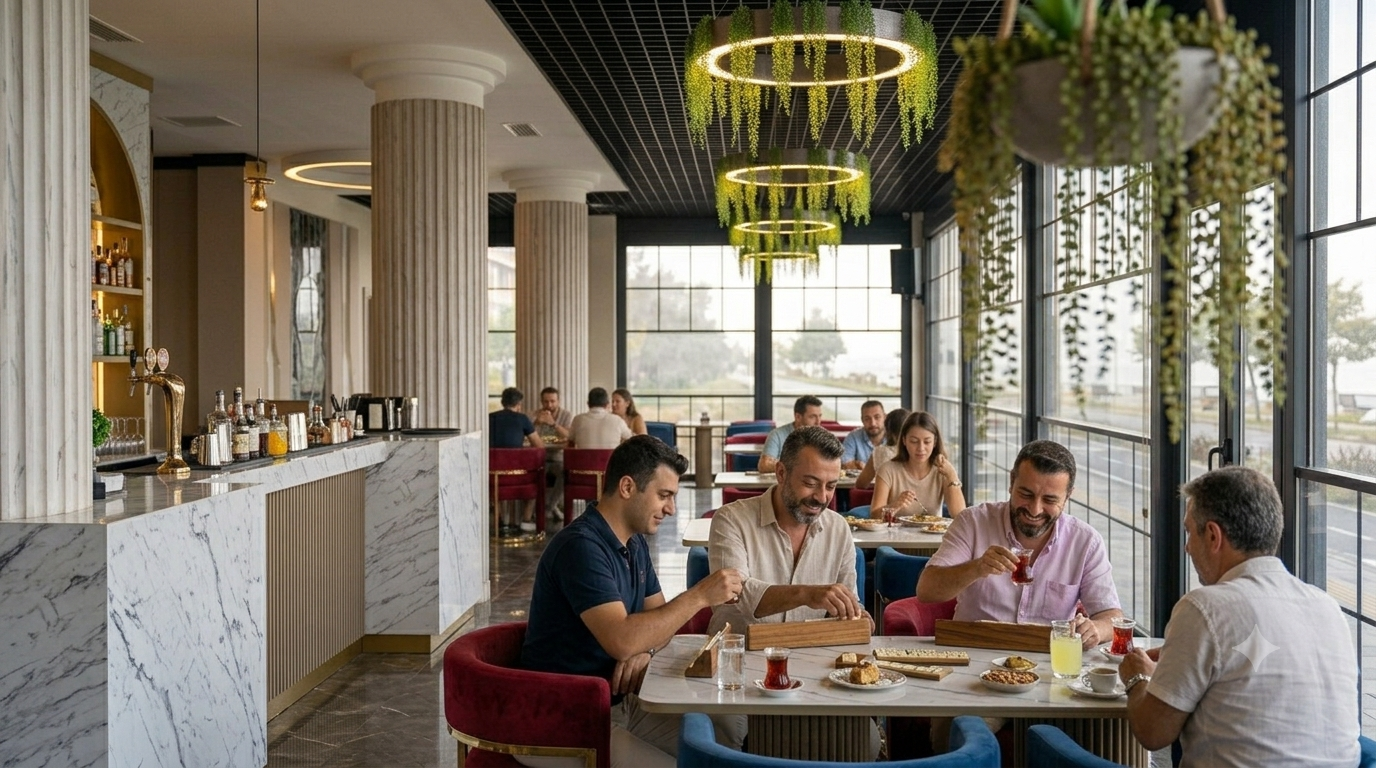 Maltepe sahiline yakın modern restoranda öğleden sonra okey oynayan dört arkadaşın çay eşliğinde sohbet ettiği ferah sosyal buluşma.