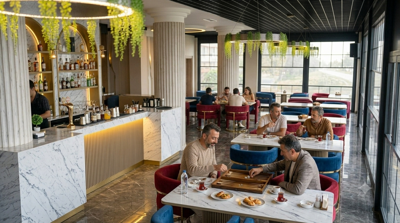 Maltepe sahiline yakın modern restoranda tavla oynayan orta yaşlı iki arkadaşın çay eşliğinde sohbet ettiği rahat sosyal buluşma.