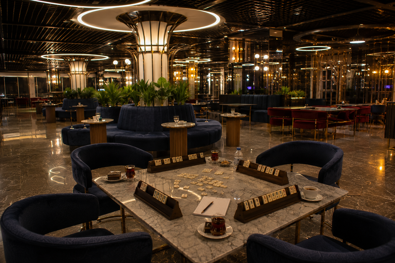 Velora Lounge içerisinde 101 oyunu için hazırlanmış mermer masa, okey taşları, çay sunumları ve ferah lounge atmosferini gösteren gerçekçi iç mekân görünümü.