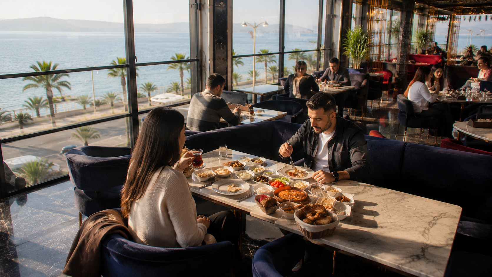 Velora Lounge'un farklı bir bölümünde Marmara Denizi manzarasına yakın masada zengin kahvaltı yapan misafirler, doğal sabah ışığında gerçek restoran atmosferi.