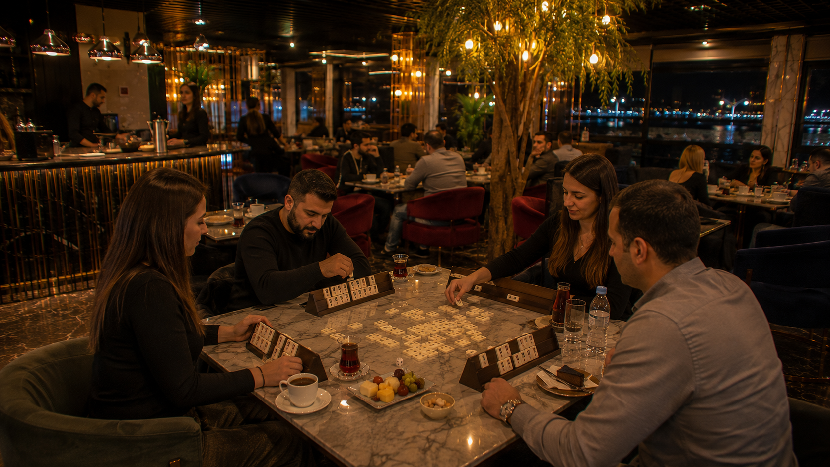 Velora Lounge'un farklı bir salon bölümünde okey oynayan dört arkadaş, geniş masa, çay ve hafif atıştırmalıklarla doğal sahil lounge atmosferi.