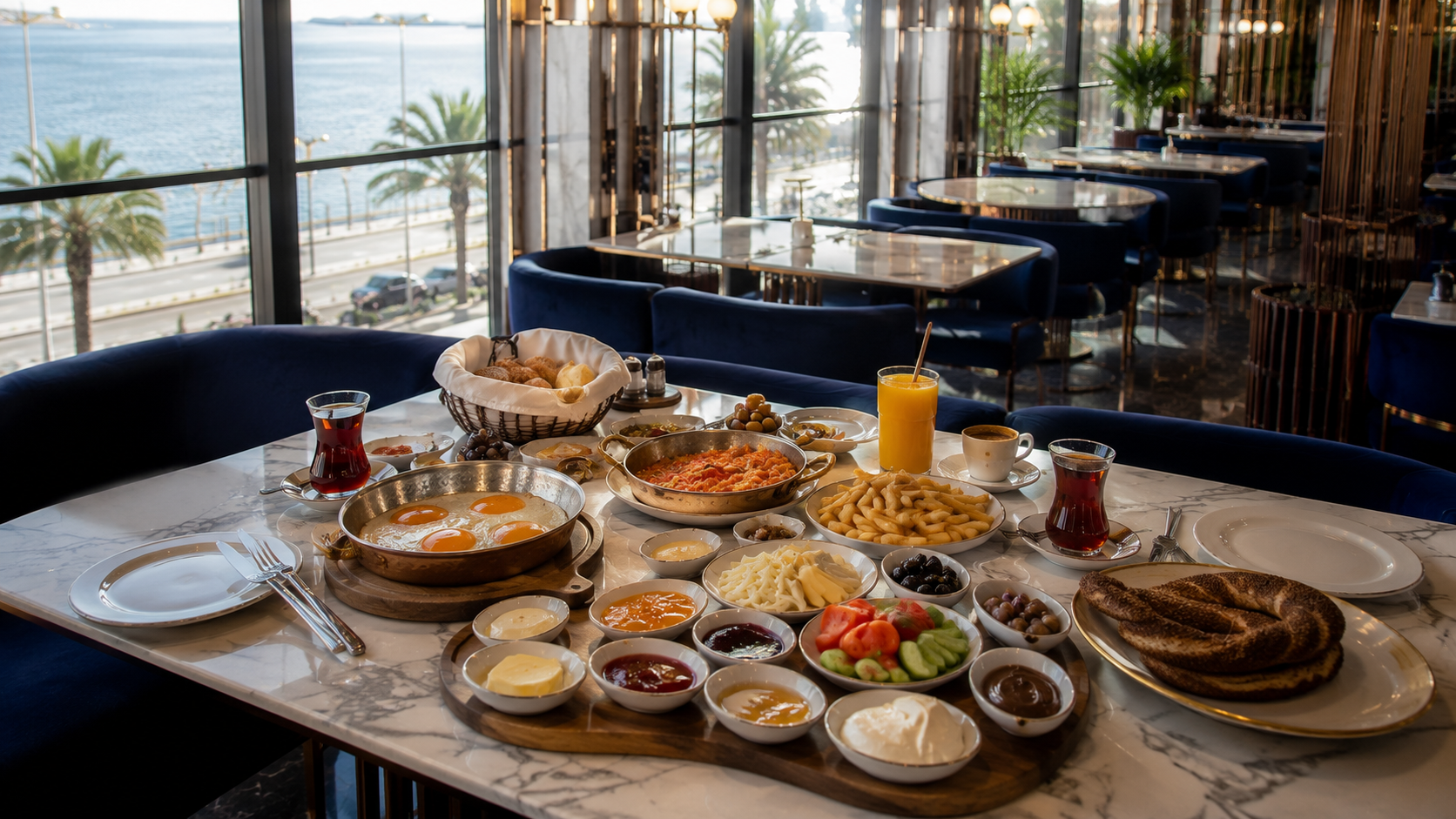 Velora Lounge'da zengin serpme kahvaltı menüsüyle hazırlanmış modern masa; peynir çeşitleri, menemen, zeytin, reçeller, sıcak ürünler, çay ve kahve eşliğinde doğal kahvaltı sunumu.